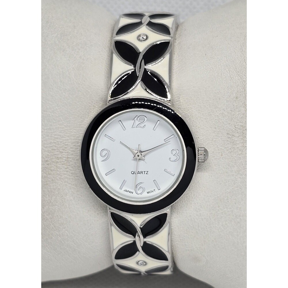 Women's Fancy Trendy Round White Silver Black Tone Cuff Band Watch 12 - Picture 1 of 9